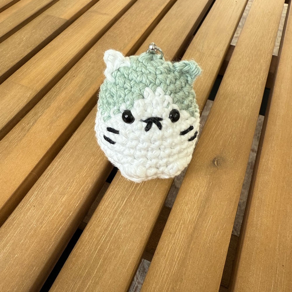 Crochet Cat Keychain in Green and White